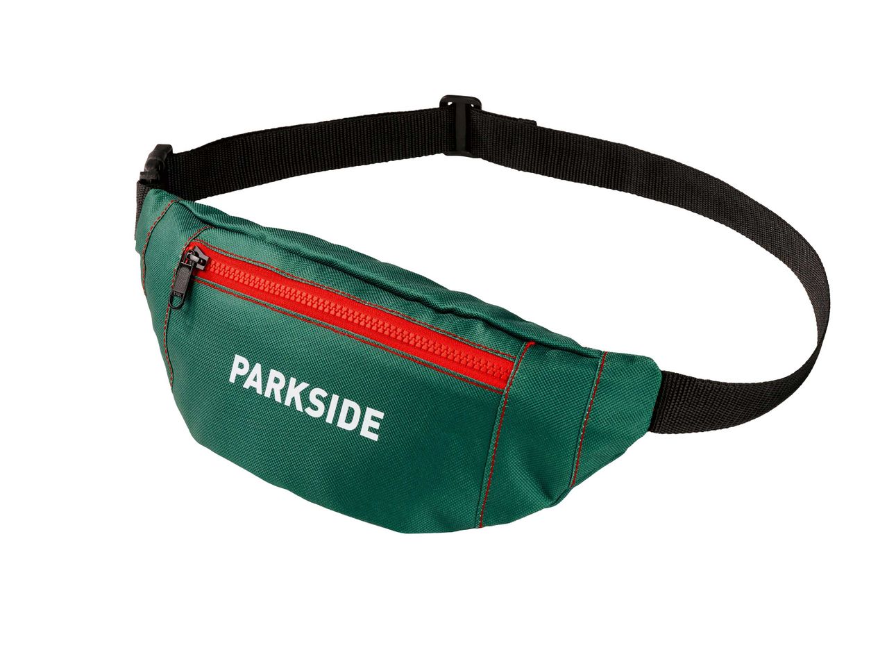 Zöld Parkside övtáska piros cipzárral és fekete pánttal.
