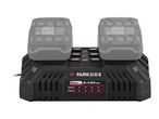 A black dual battery charger with two gray batteries inserted, displaying charging times for various capacities.