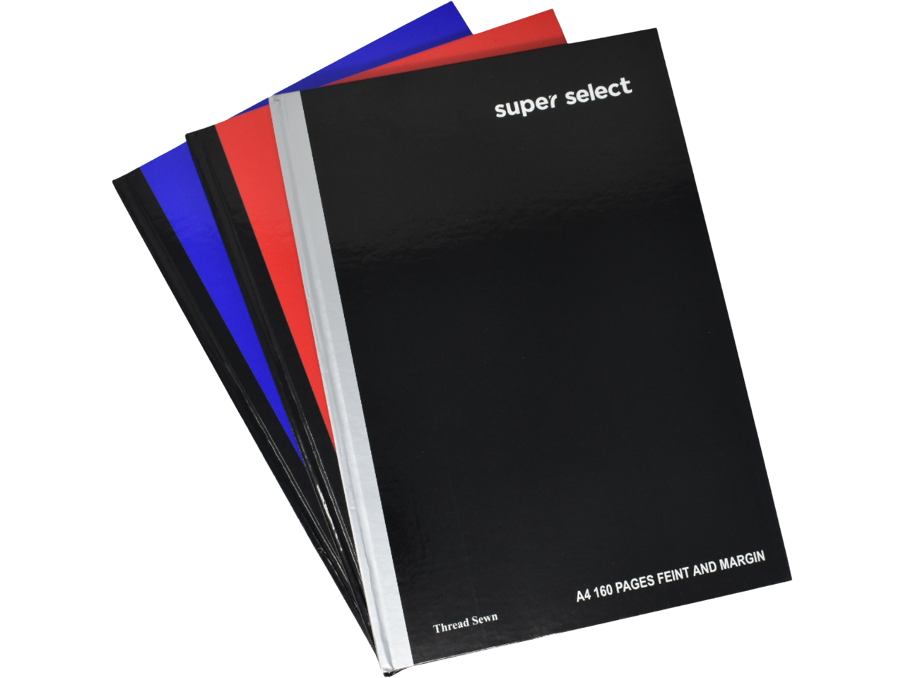 Stack of three A4 notebooks in black, red, and blue, with 'super select' and 'Thread Sewn' text.