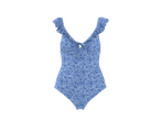 Costum de baie CRIVIT pentru femei, cu imprimeu floral albastru deschis, bretele cu volane și detaliu cu șnur.