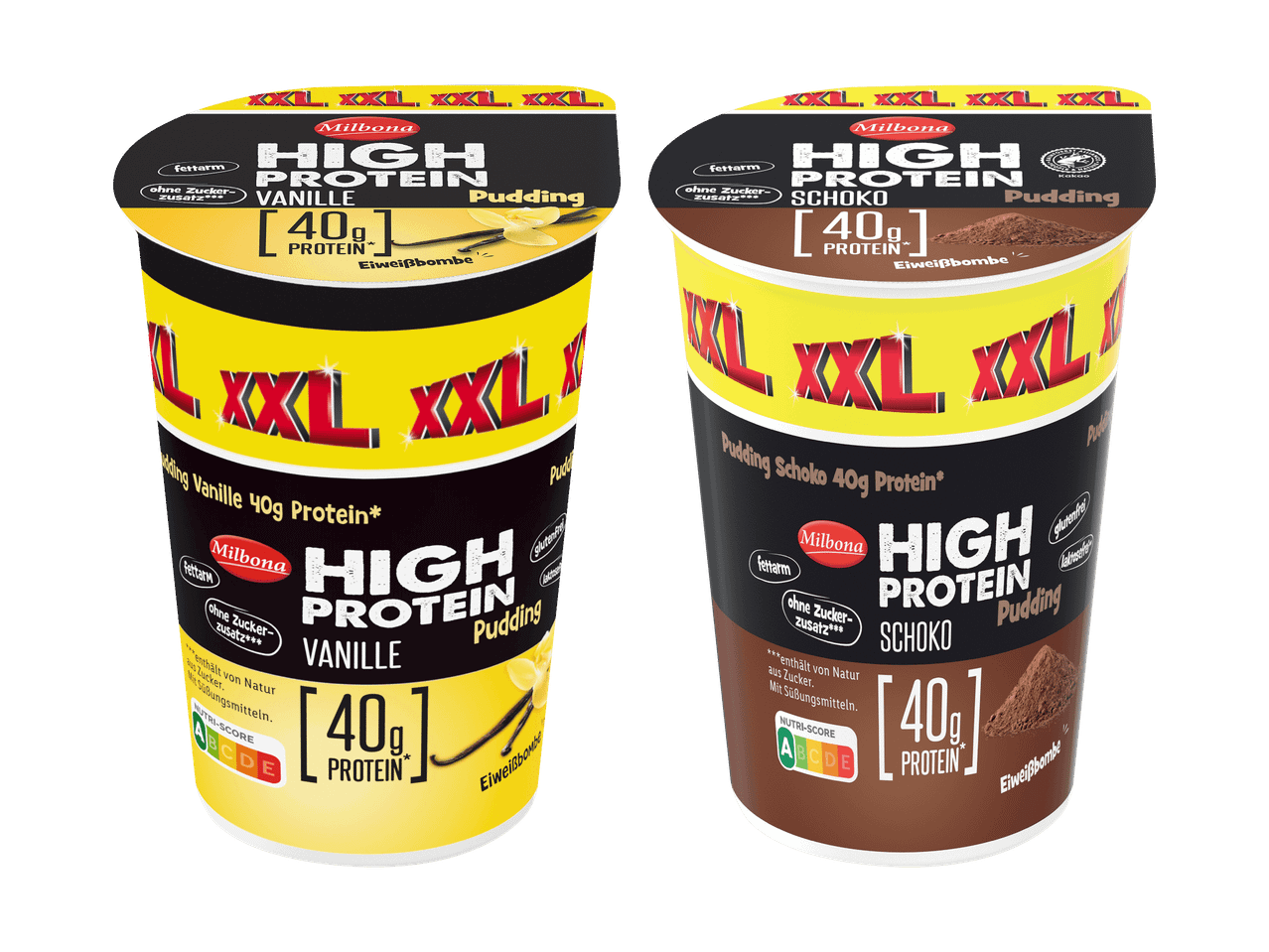 Zwei Milbona High Protein Puddings (Vanille und Schoko) mit 40g Protein pro Becher.