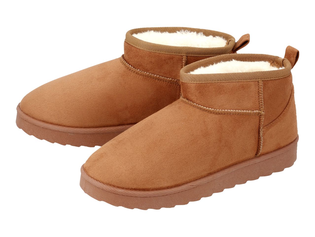 Pair of brown suede-like ankle boots with white faux fur lining and textured soles.