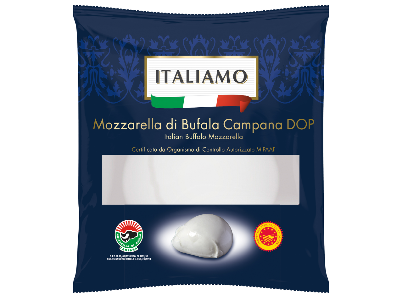 Опаковка моцарела от биволско мляко с надпис 'Mozzarella di Bufala Campana DOP'