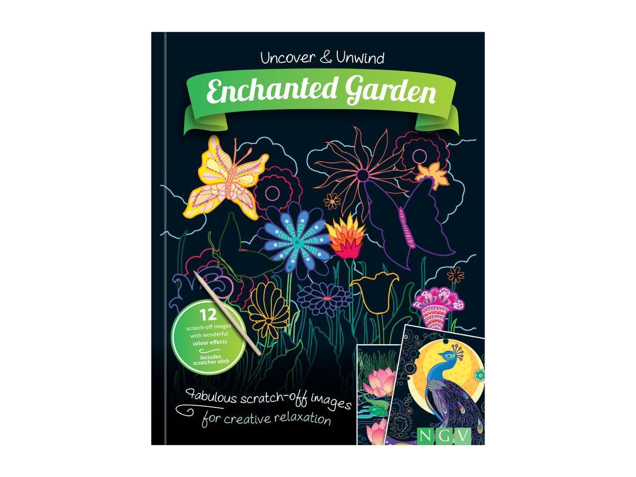 Enchanted Garden scratch-off art book with 12 images and a scratcher stick.