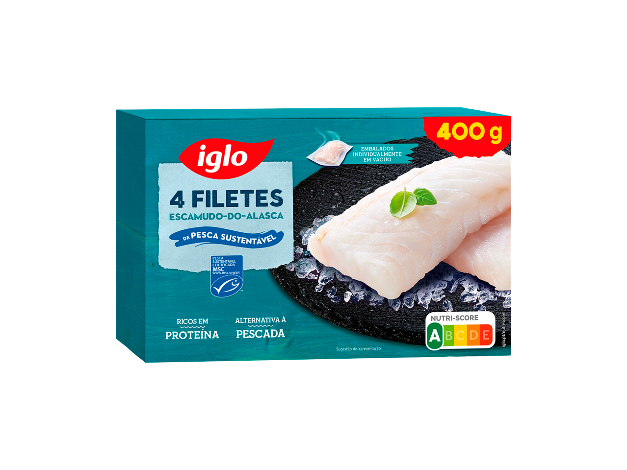 Iglo 4 Filetes de Escamudo-do-Alasca, 400g, com certificação MSC e Nutri-Score A.
