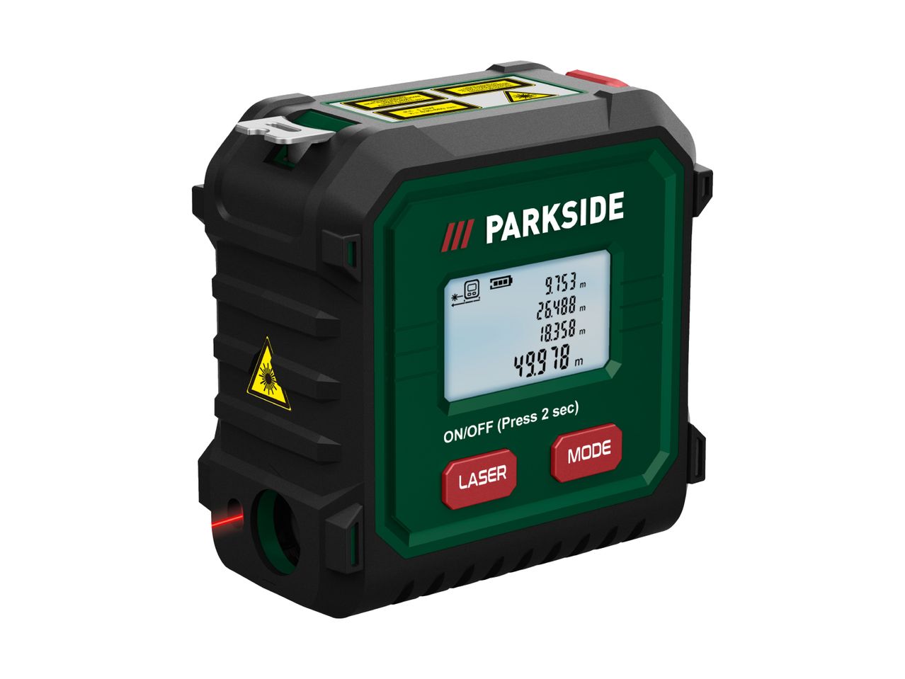 A laser distance meter displaying multiple measurements and featuring laser and mode buttons.