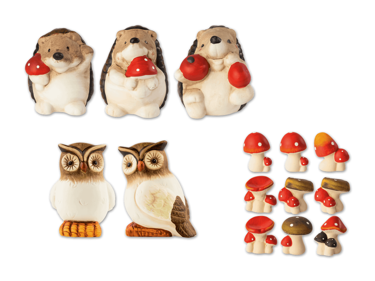 Keramikfiguren von Igeln, Eulen und Pilzen