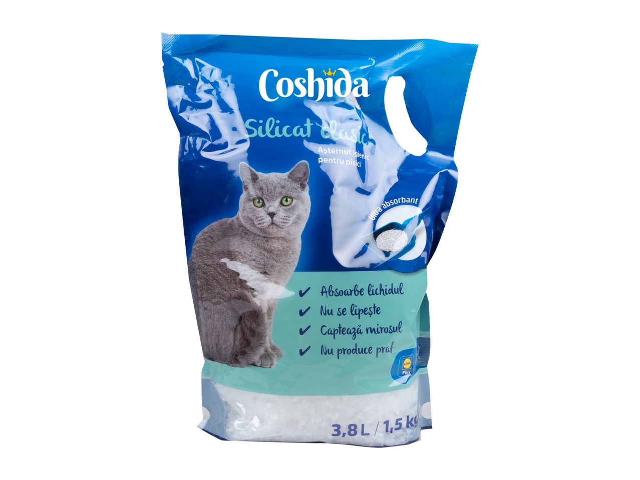 Coshida Silicat Clasic, așternut igienic pentru pisici, 3,8L/1,5kg, cu pisică gri pe ambalaj.