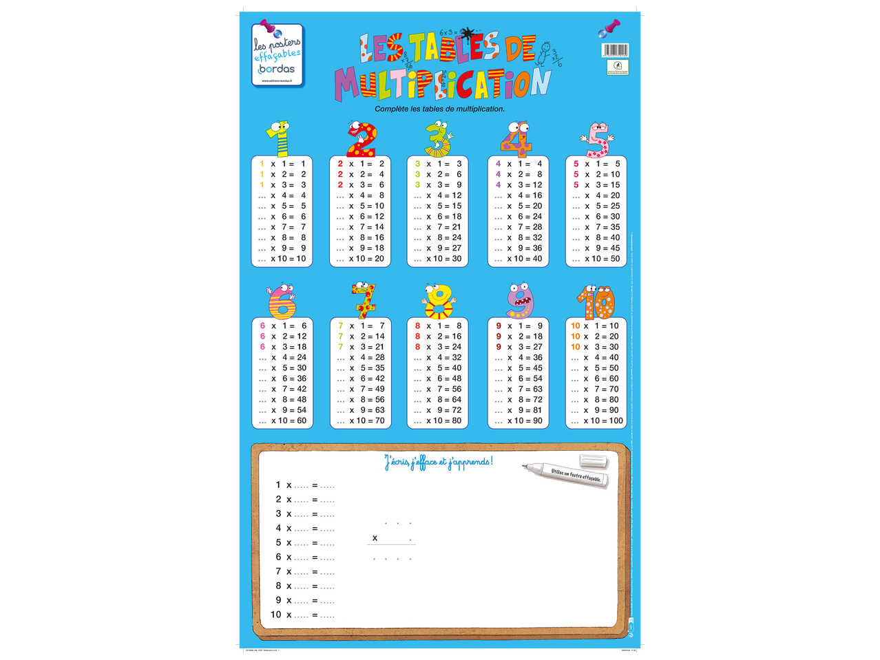 Un poster éducatif avec des tables de multiplication de 1 à 10 et un espace pour écrire et apprendre.