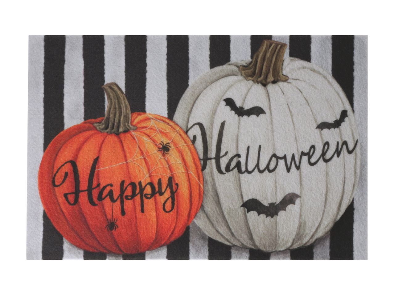 Halloween-themed mat with two pumpkins, one orange with spiders and 'Happy,' one white with bats and 'Halloween.'