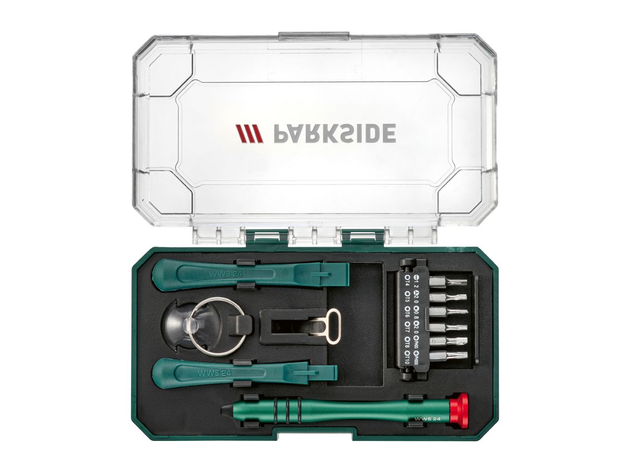 PARKSIDE precision screwdriver set with various bits and tools in a case.