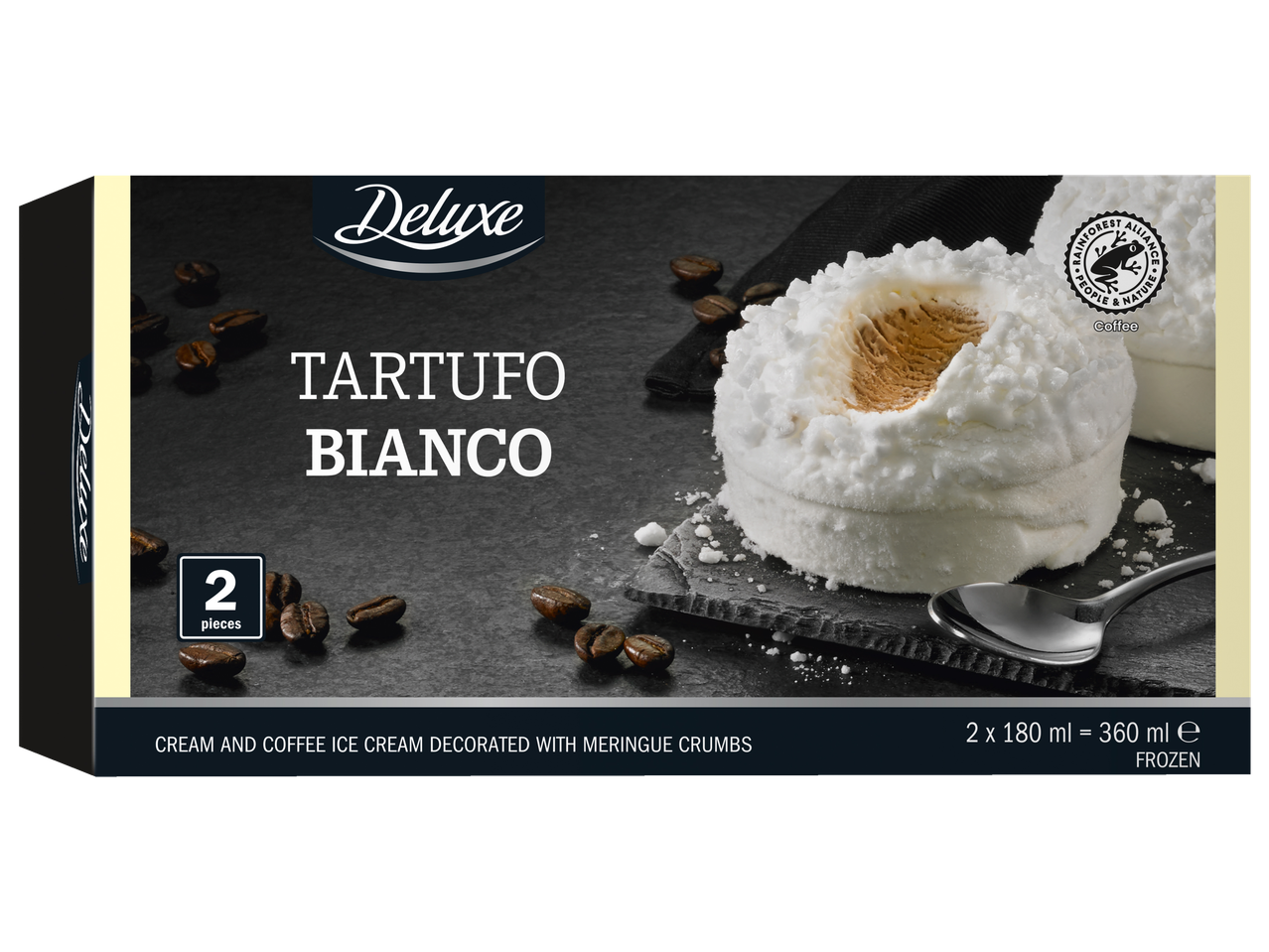 Deluxe Tartufi Bianco, kafijas un krējuma saldējums ar bezē drumstalām, 2 gab.