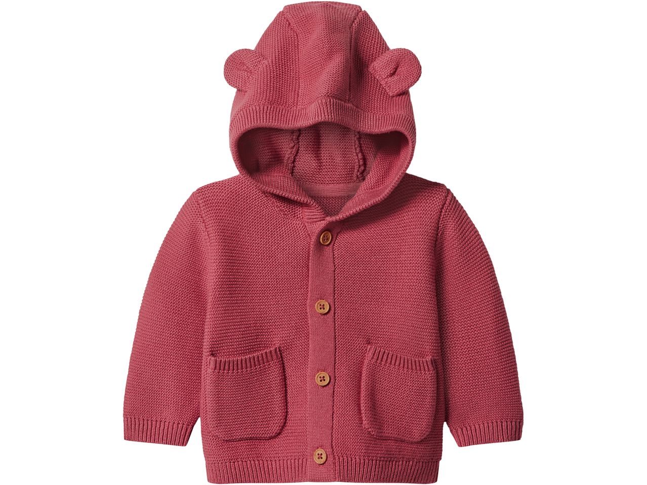 Red knitted baby cardigan with a hood and bear ears