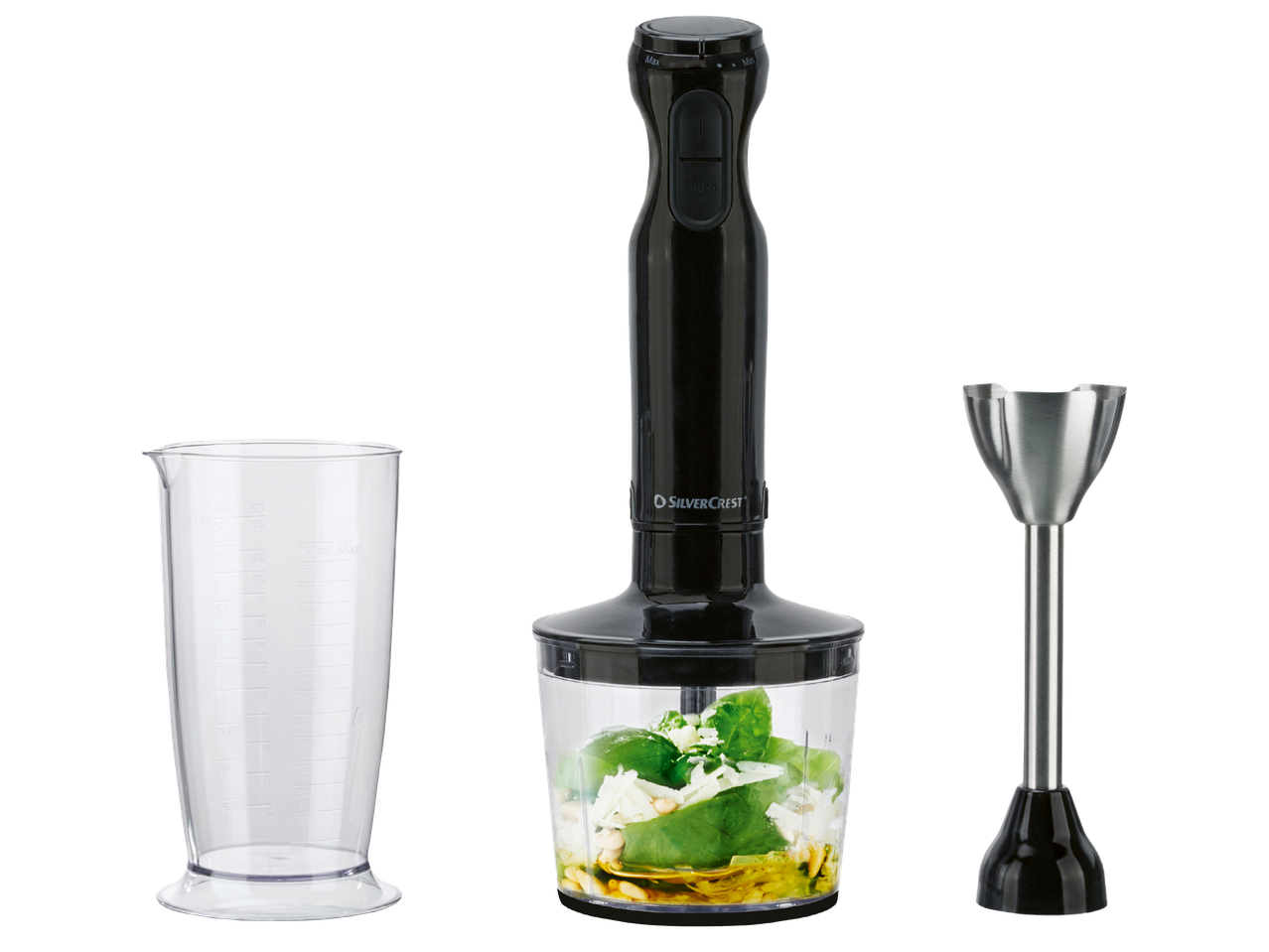 Потопяем пасатор с приставка за пасиране, мерителна чаша и купа за нарязване със съставки за песто.