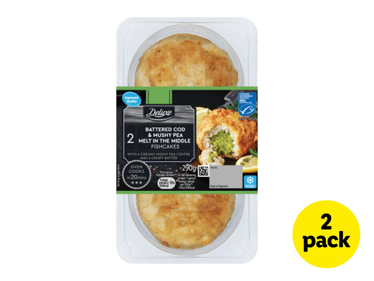 Deluxe Battered Cod & Mushy Pea Melt in the Middle Fishcakes, 2-pack