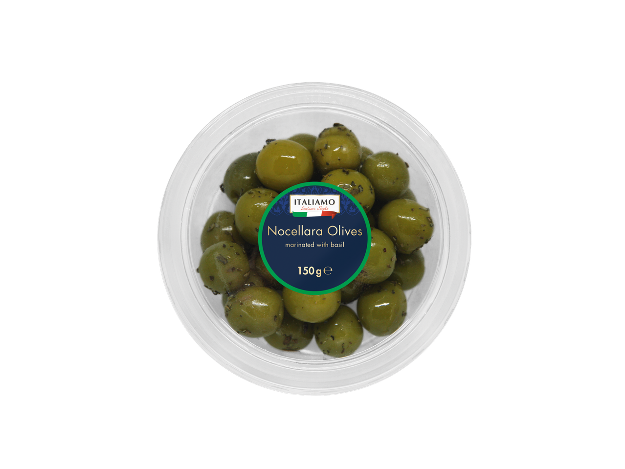 ItaliaMo Nocellara olijven, gemarineerd met basilicum, 150g.