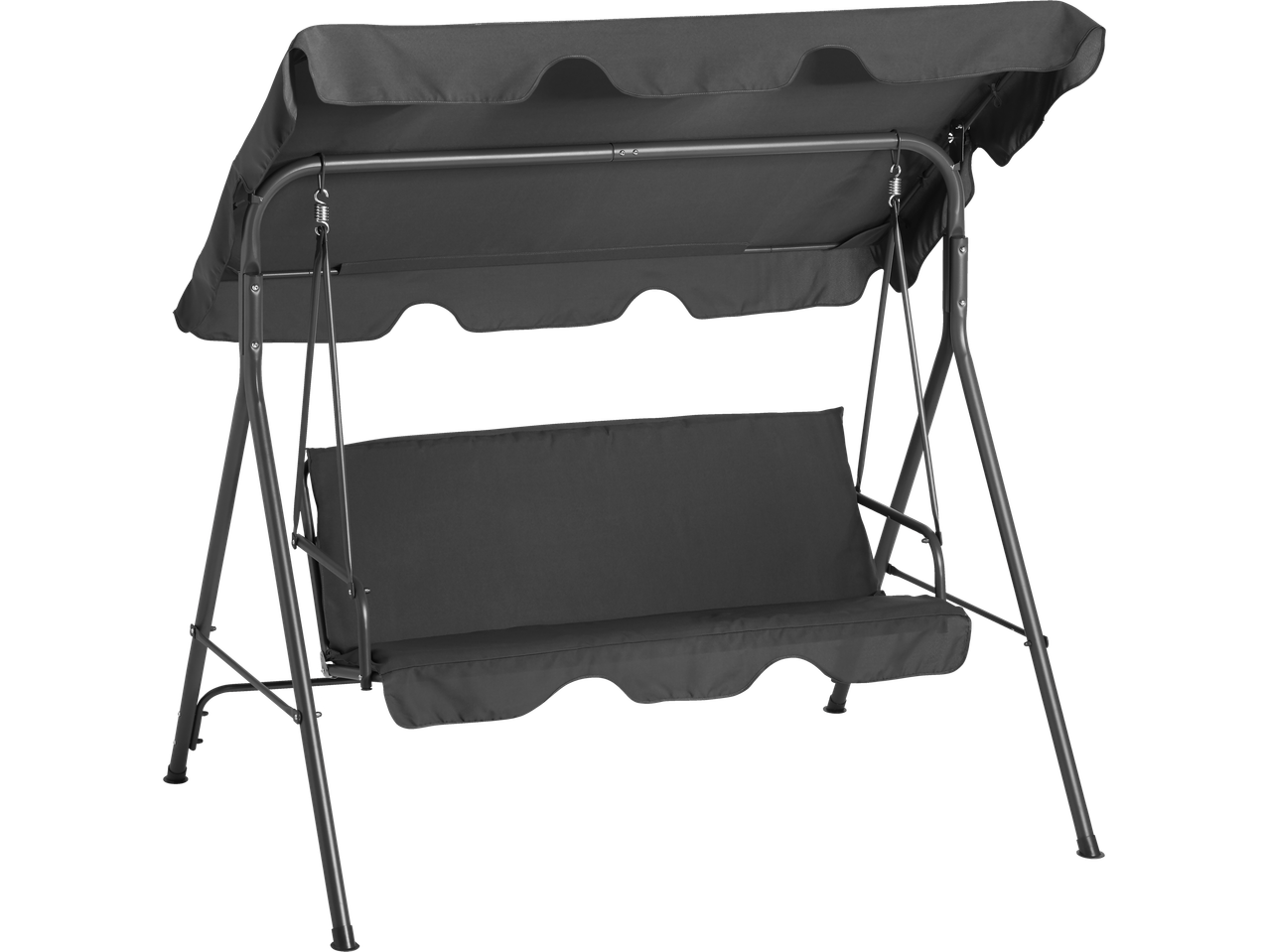 Garden swing chair with canopy and dark grey cushions.