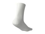 A single white sock, viewed from the side, showcasing its texture and form.