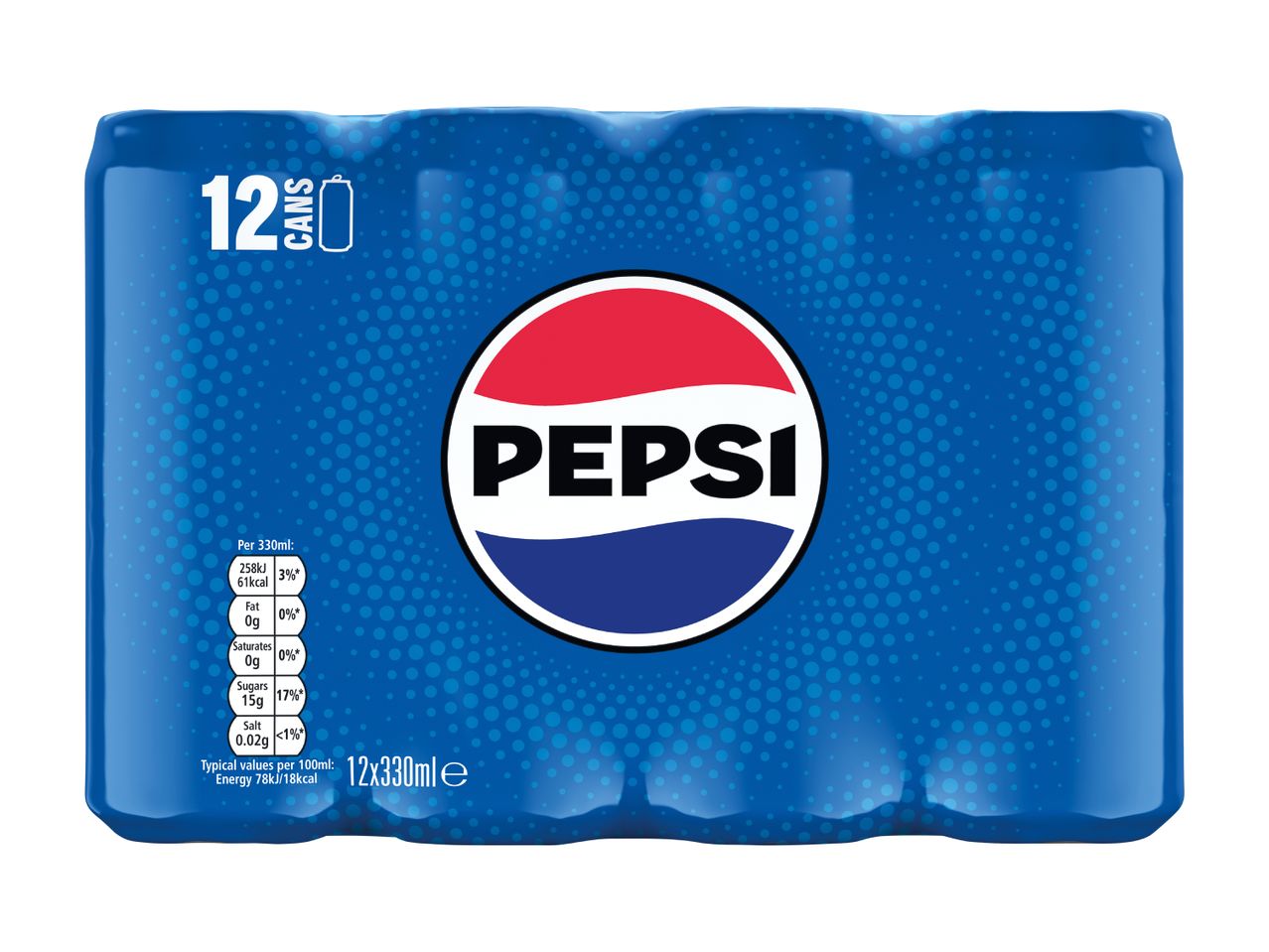 Pepsi 12-pack of 330ml cans with nutritional information.