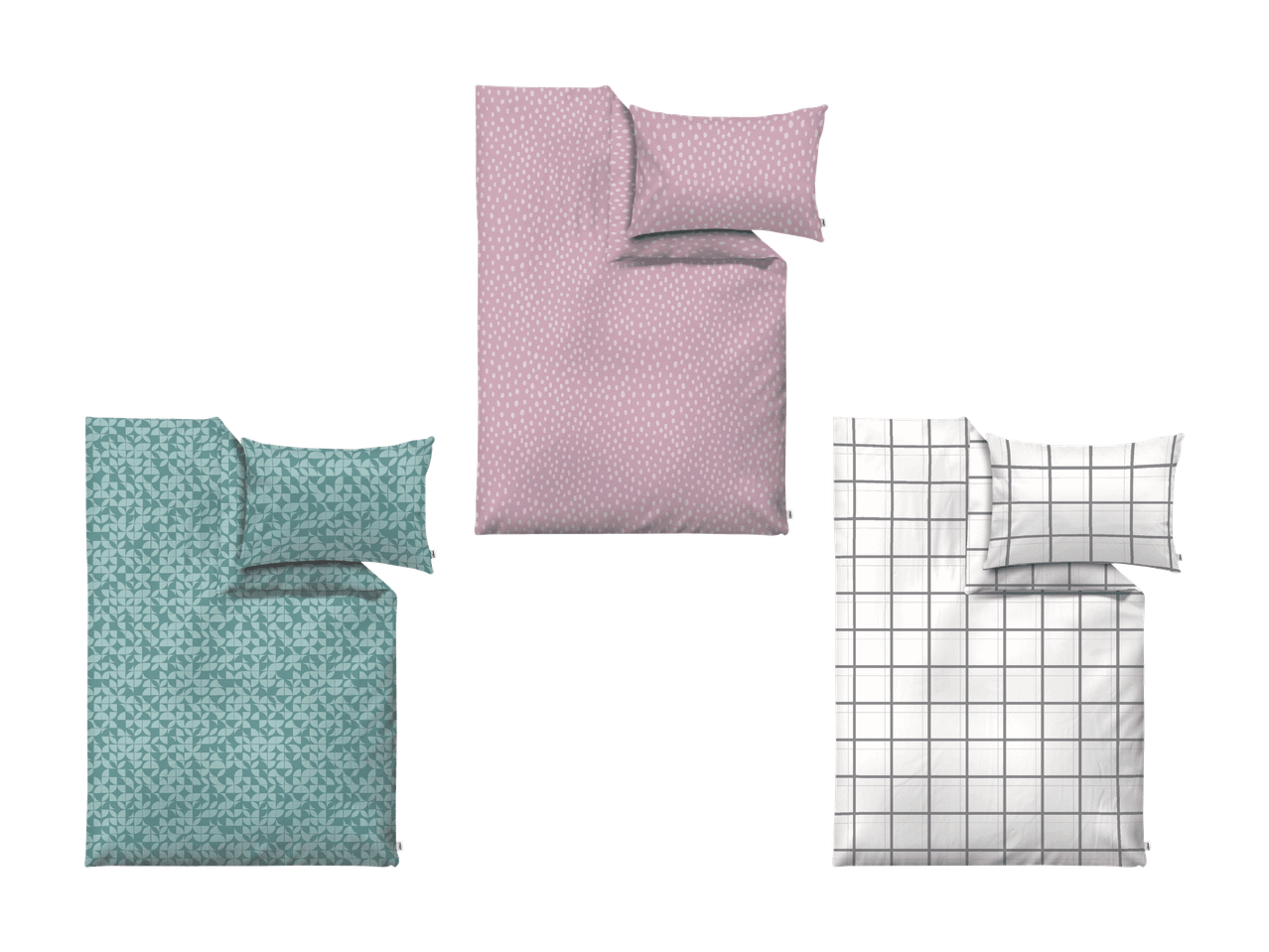 Drei Bettwäsche-Sets: rosa mit Punkten, türkis mit geometrischen Mustern und weiß kariert.