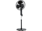 Ventilador de chão preto com base de metal.