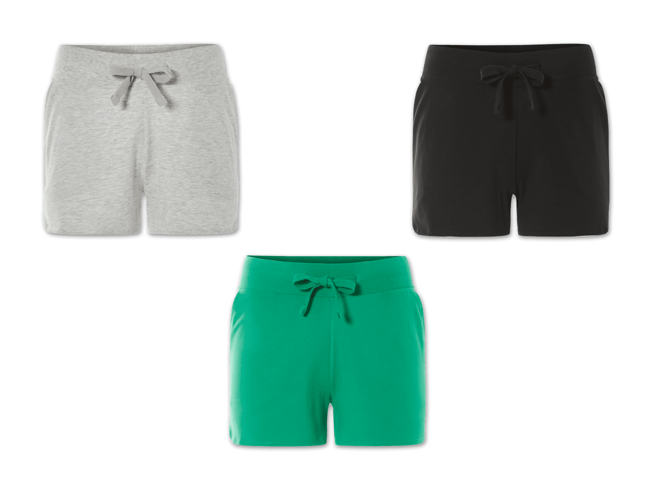 Drei Paar kurze Jogginghosen in Grau, Schwarz und Grün.