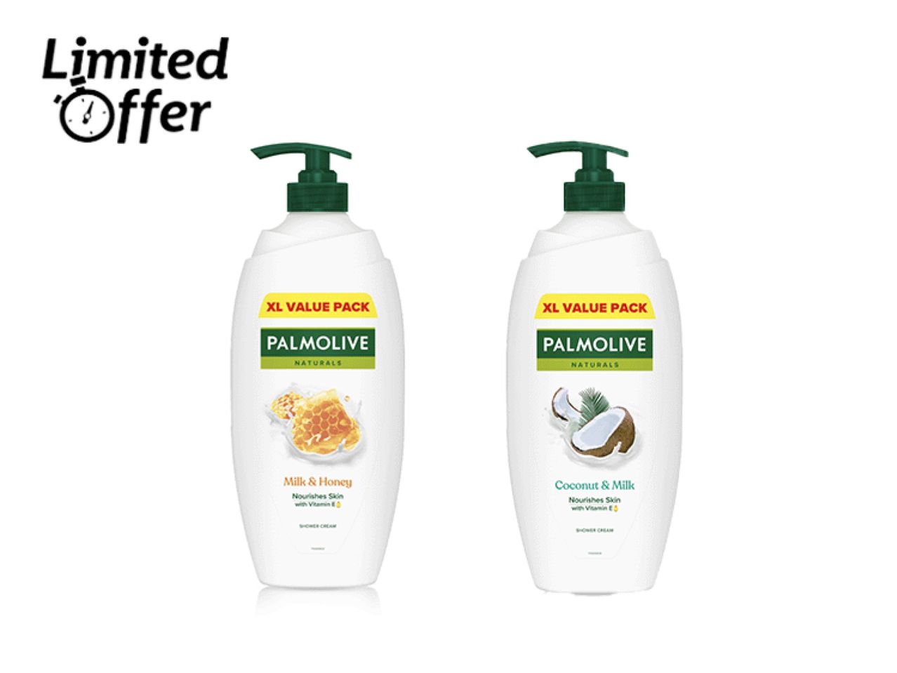 Two Palmolive Naturals shower creams, Milk & Honey and Coconut & Milk, with a 'Limited Offer' label.
