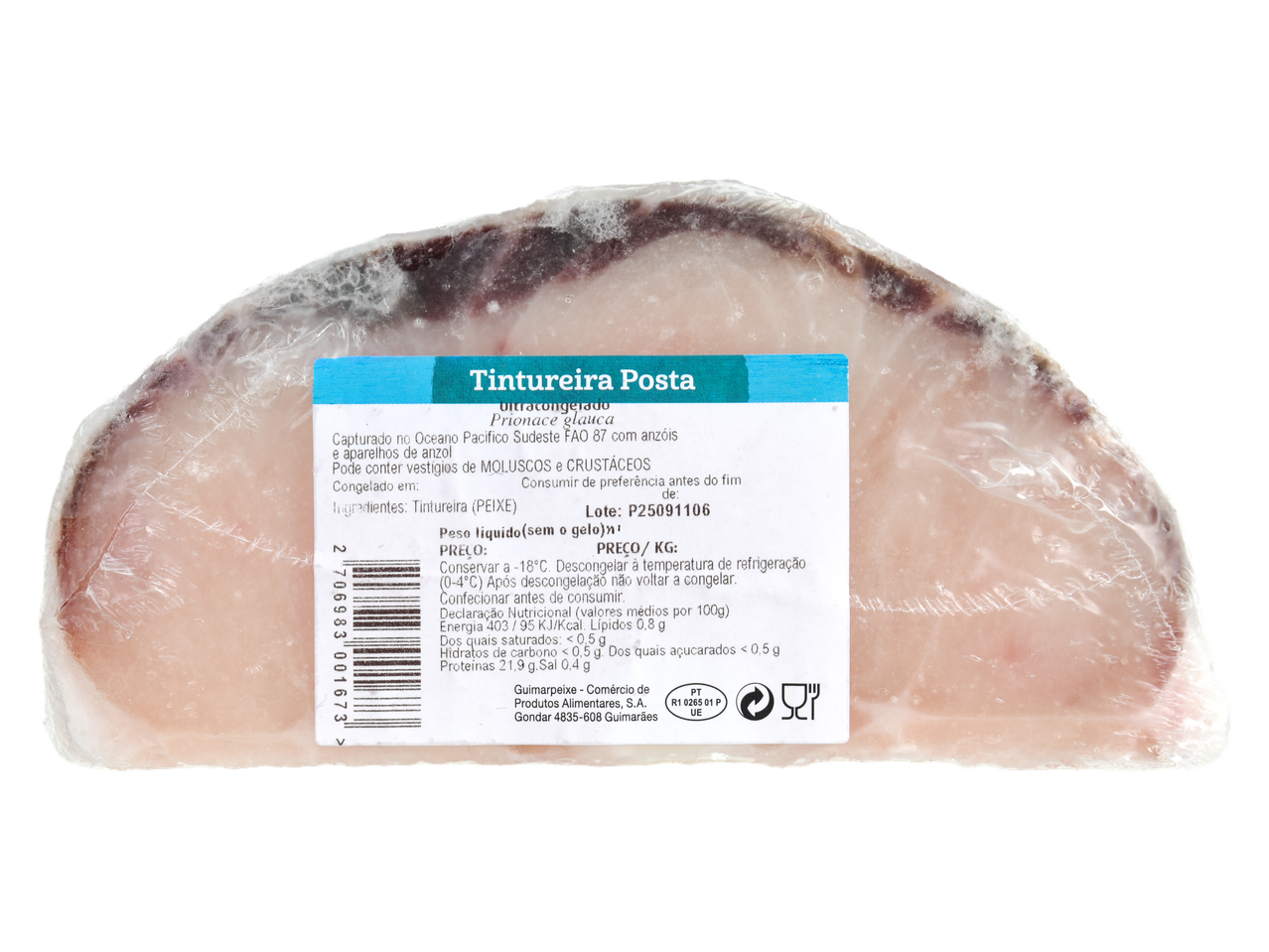 Posta de tintureira ultracongelada com rótulo de informações nutricionais.