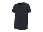 Dark blue short-sleeved crew neck t-shirt, angled view.