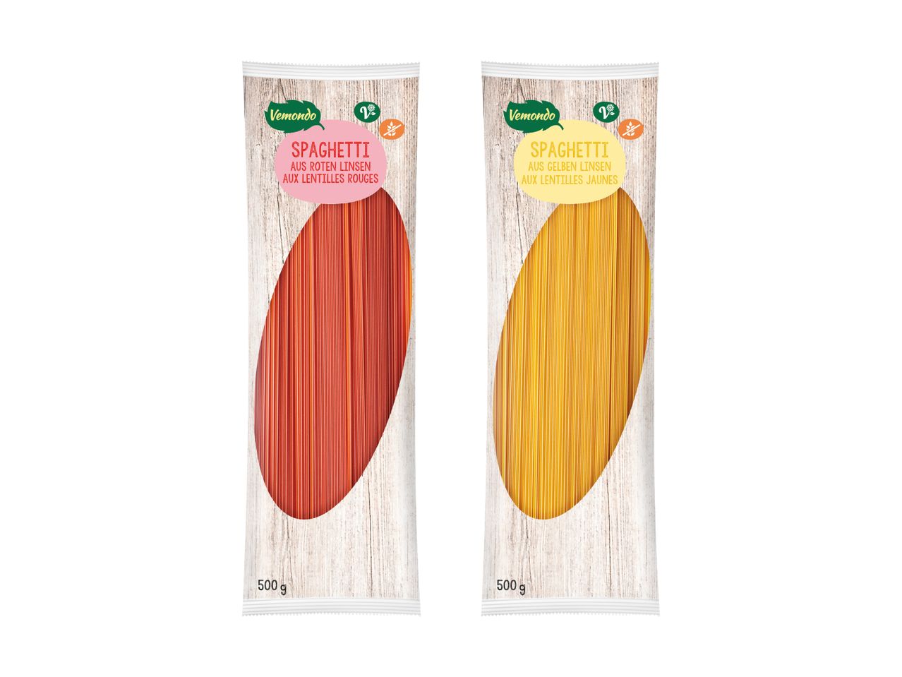 Zwei Packungen bunter Nudeln, rosa und gelb, möglicherweise von Barilla.