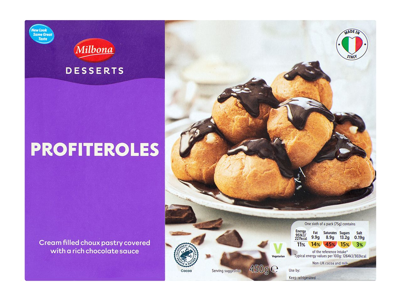 Milbona profiteroles: cream-filled choux pastry with chocolate sauce.