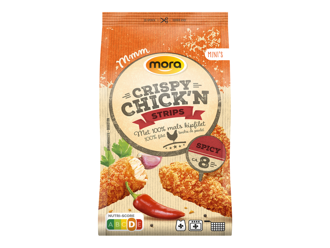 Verpakking van pittige, krokante kipstrips met 100% malse kipfilet, Nutri-Score D.