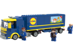 Lidl vaikų konstravimo rinkinys: mėlynas sunkvežimis su Lidl logotipu ir trimis figūrėlėmis.