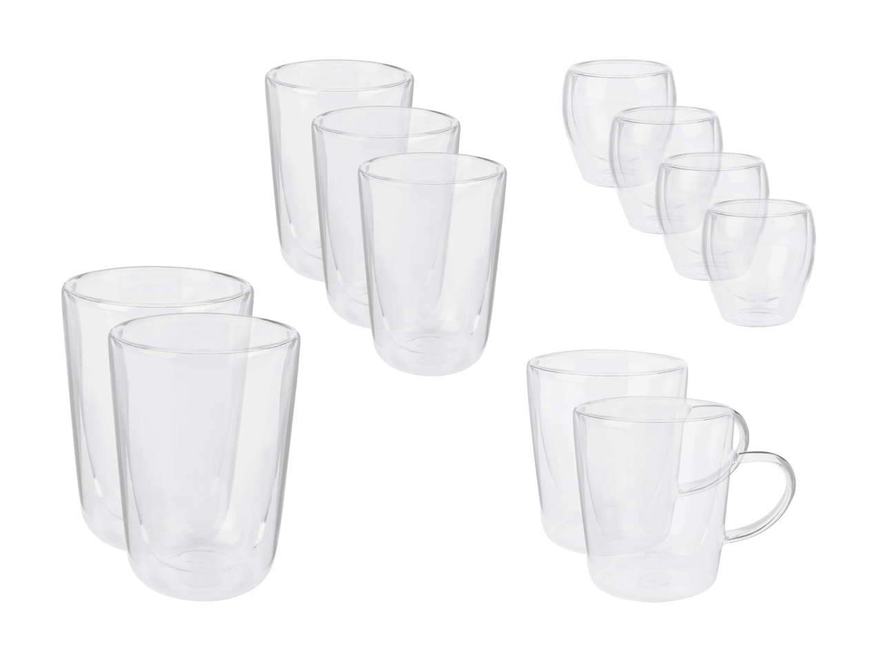 Assortiment de verres à double paroi de différentes tailles et formes, y compris des tasses.