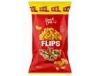 Червена опаковка с фъстъчени флипсове, фъстъци и надпис „FLIPS Peanut“.