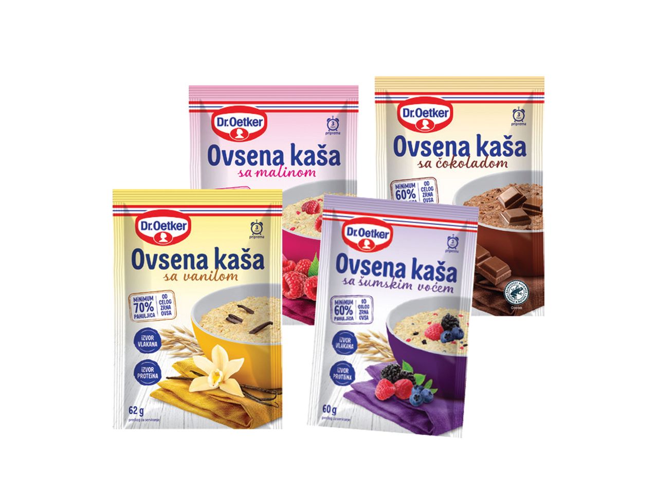 Četiri kesice Dr.Oetker ovsene kaše sa različitim ukusima: malina, čokolada, vanila i šumsko voće.