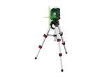 A green and black laser level on a tripod, emitting green laser lines.