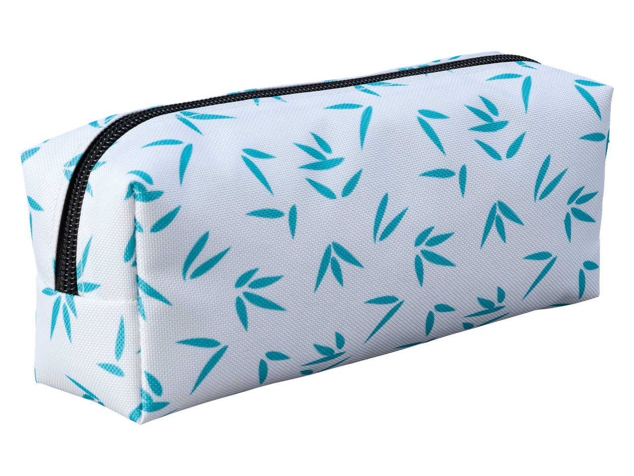 Trousse de toilette blanche avec un motif de feuilles turquoise et une fermeture éclair noire.