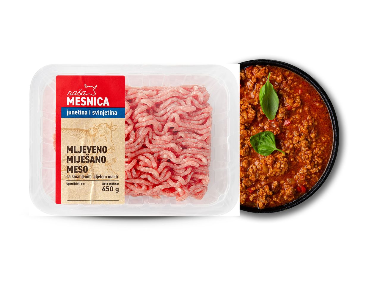 Naša Mesnica mljeveno miješano meso (junetina i svinjetina) 450g i umak bolognese.