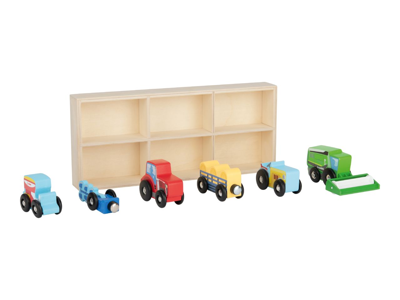 Wooden toy farm vehicles, including tractors, a hay wagon, and a combine harvester, with a storage box.