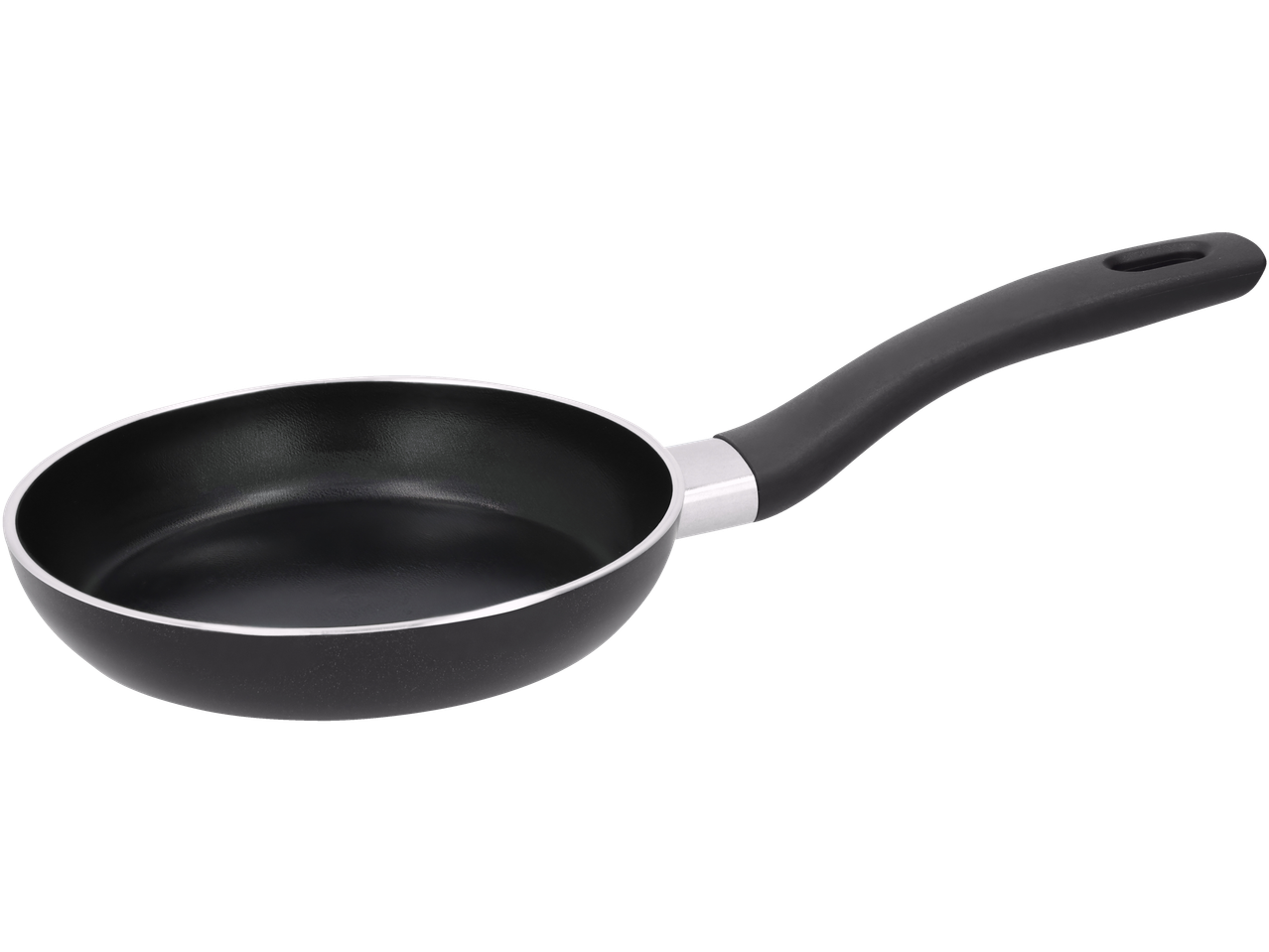 Black frying pan with a non-stick coating and a black handle.