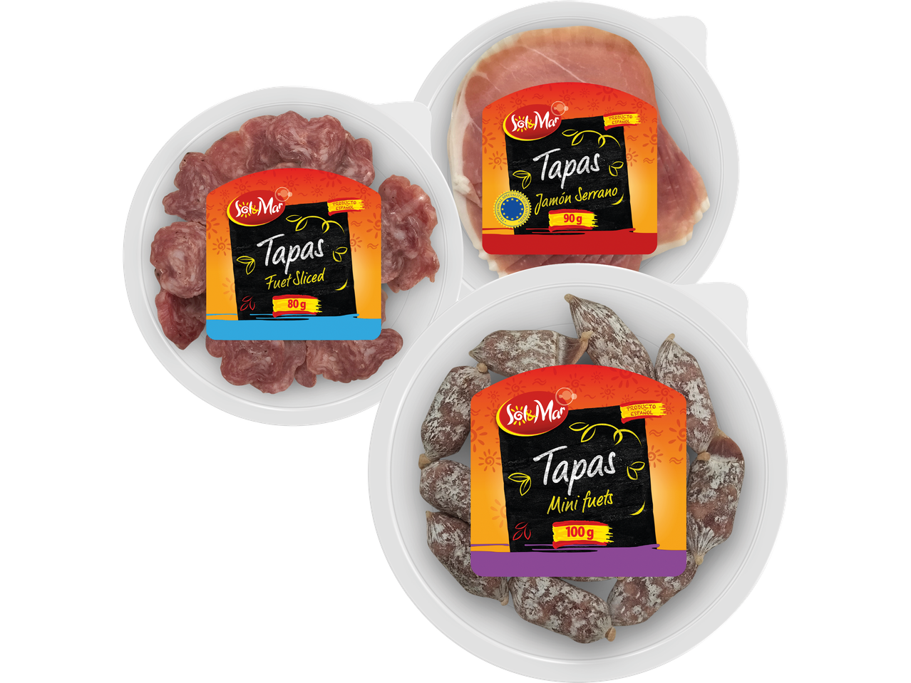 Tre förpackningar med Sol & Mar Tapas: skivad fuet, Jamón Serrano och minifuet.