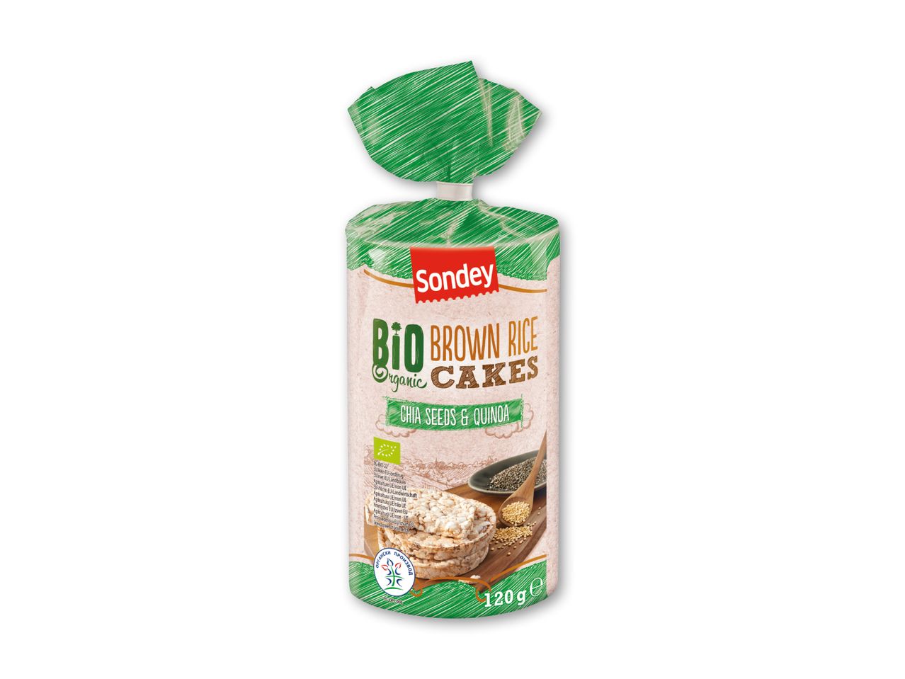 Pakke med økologiske brune riskager med chiafrø og quinoa, 120g.