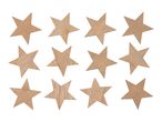 Twelve wooden star-shaped decorations arranged in three rows on a white background.
