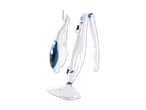 Ein weiß-blauer Dampfreiniger mit zwei Aufsätzen steht auf einem weißen Sockel.