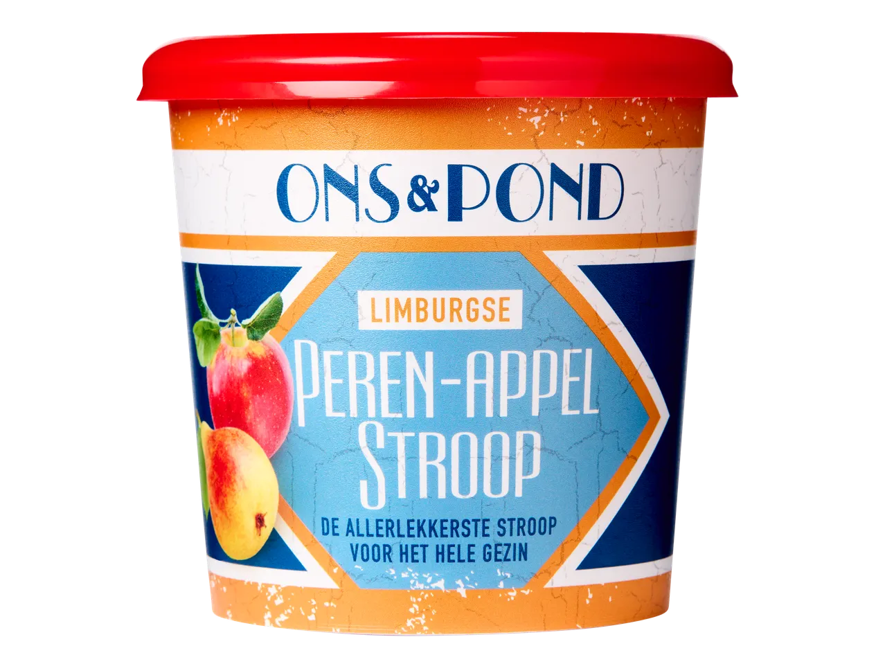 Limburgse peren-appelstroop in een pot met een rood deksel, met afbeeldingen van peren en appels.