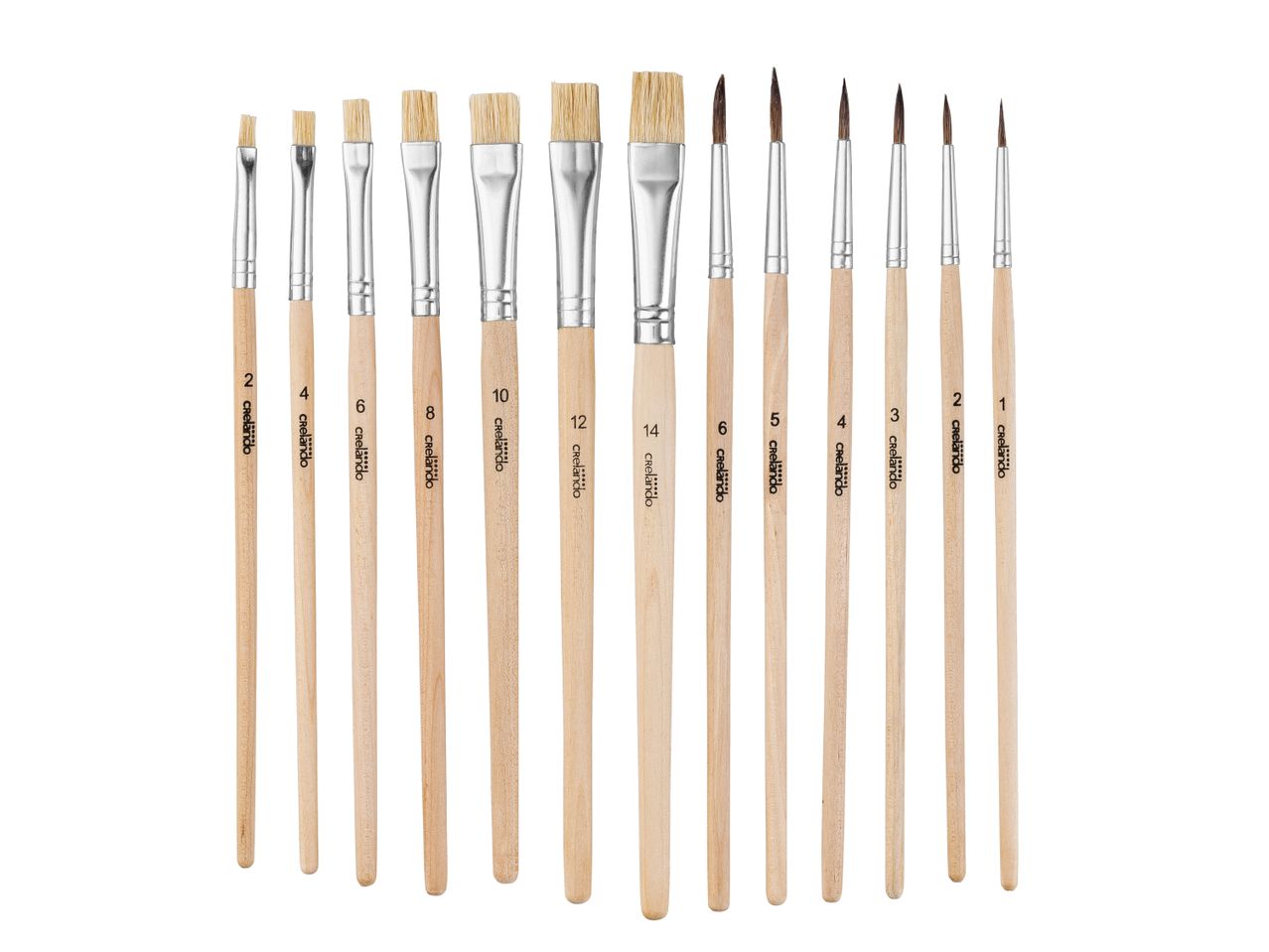 Set di 13 pennelli Crelando di varie dimensioni e forme, con manici in legno chiaro.