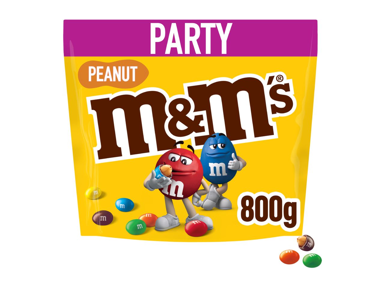 Party size bag of peanut chocolate candies with cartoon characters and 800g weight.