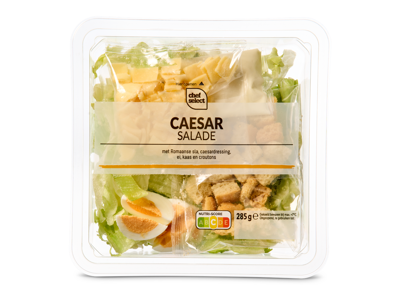 Chef Select Caesar salade in een transparante verpakking.