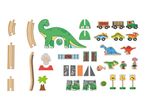 A wooden dinosaur-themed toy set with train tracks, vehicles, dinosaurs, and accessories.